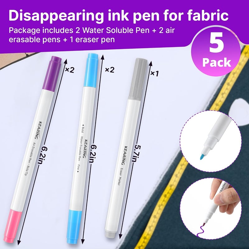 Avenuebool Fabric Markers for Sewing, 5 Count Pack, Includes 2 Water Soluble Fabric Marker 2 Air Erasable Pens 1 Eraser Marker, Disappearing Ink Pen, Sewing Quilting Embroidery Supplies - Image 2